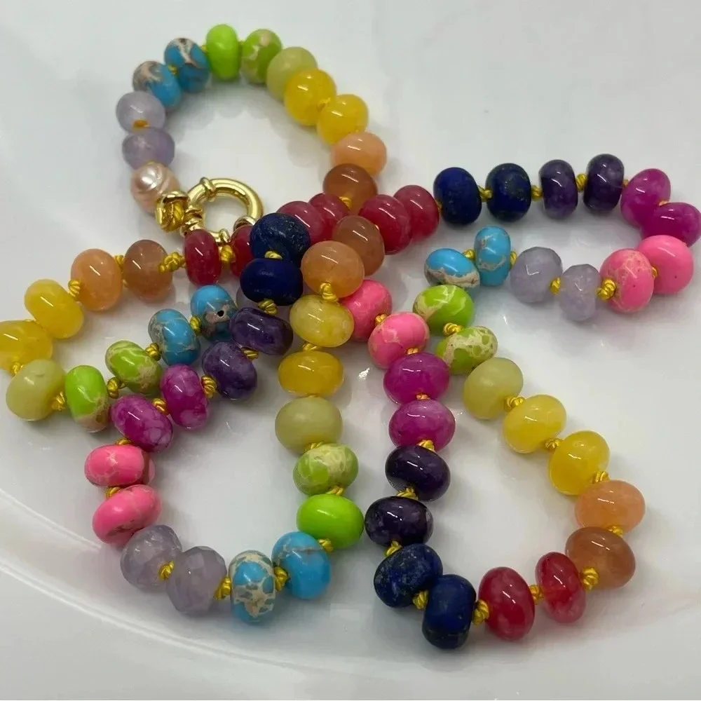 Rainbow Hand Knotted Beaded Necklace 22” Gemstones Silk Gold Plated 925 Silver - Picture 2 of 7